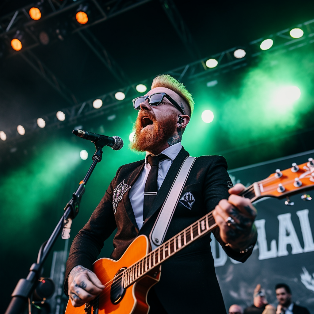 Flogging Molly band performing on stage with flames