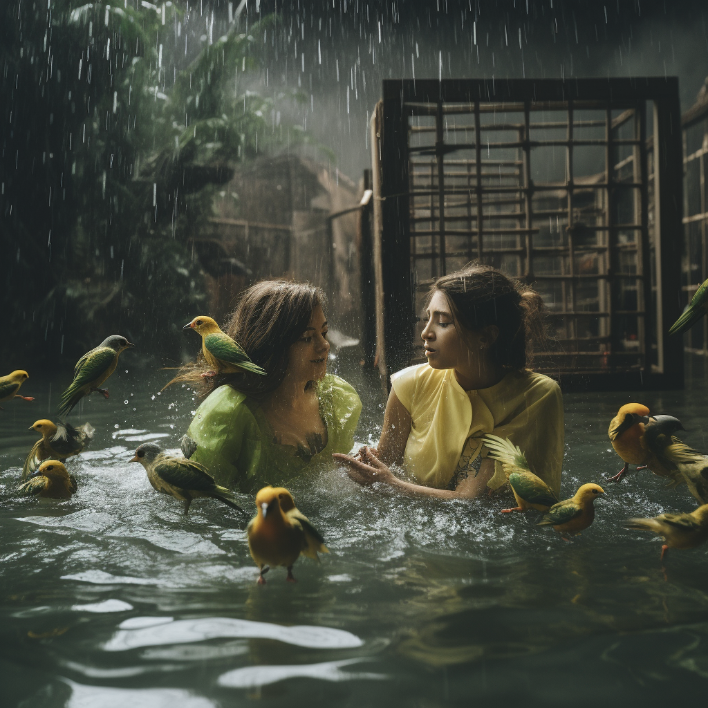 Women Saving Parakeets in Flood