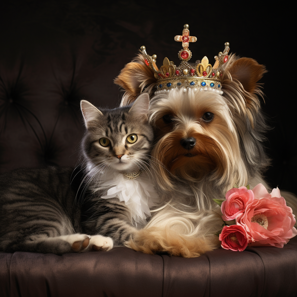 Cute Yorkshire Terrier and Persian Kitten With Flower Crowns