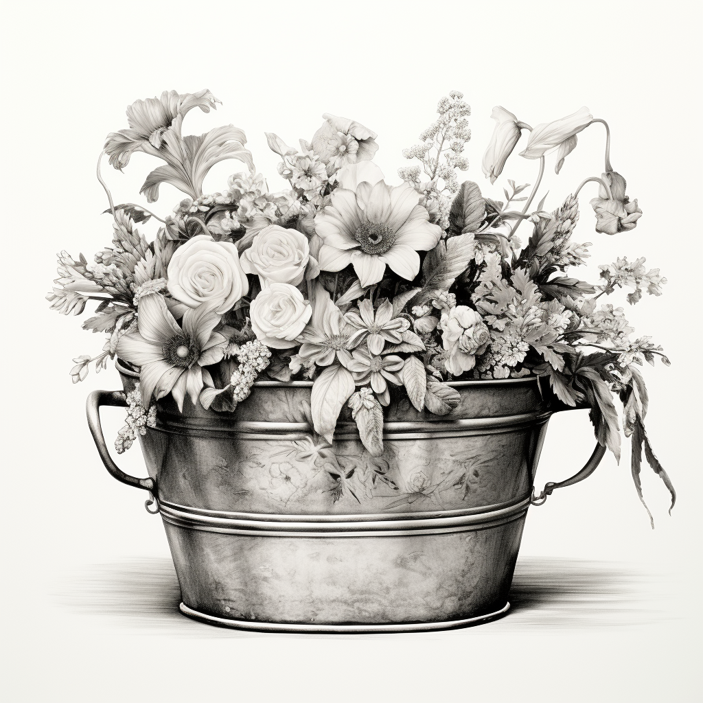 Beautiful old-fashioned flower arrangement in zinc tub