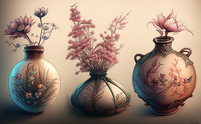 Colorful flower vases and paintings