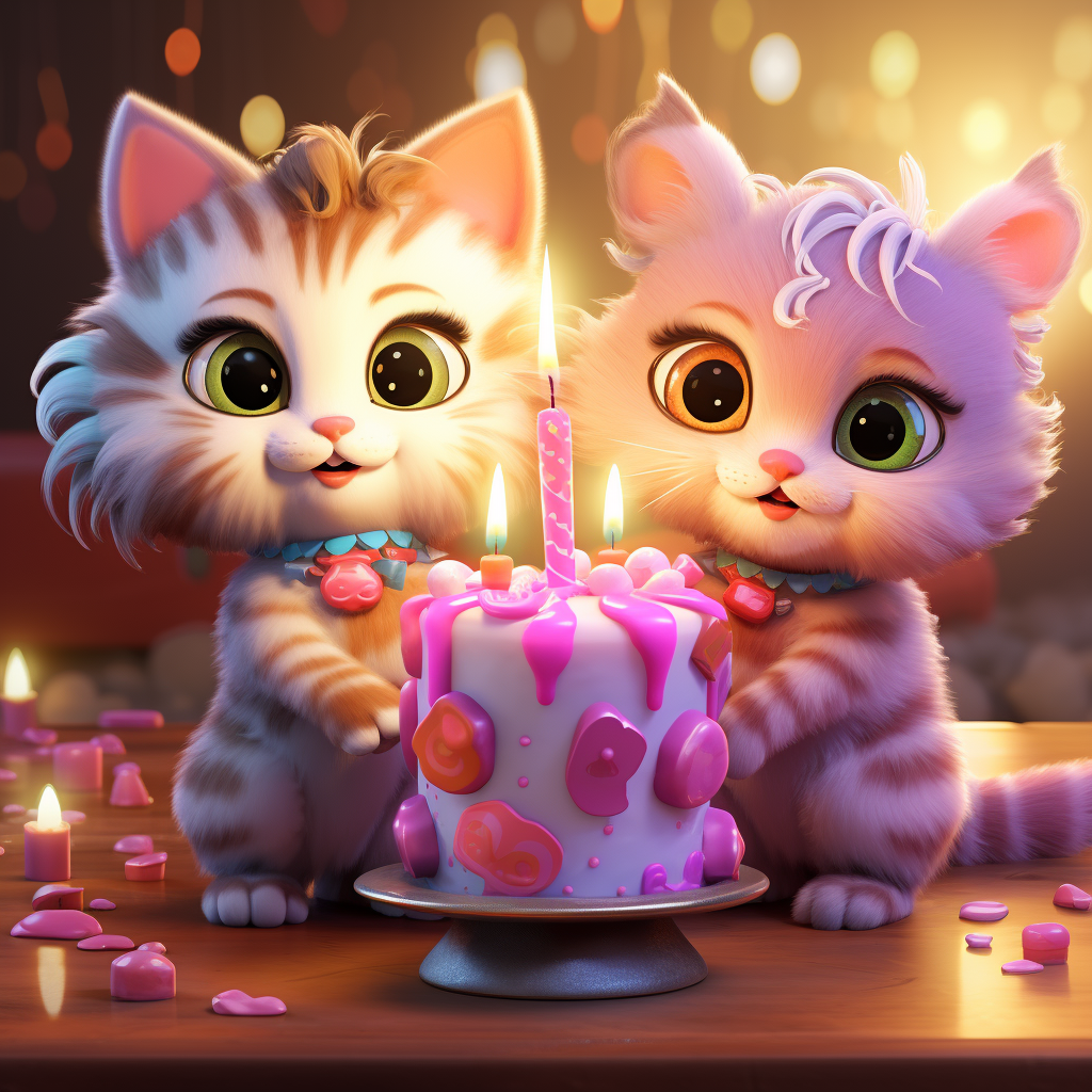 Three cute cats behind birthday cake