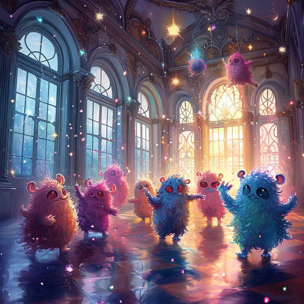 Cute fluffy monsters dancing in ballroom