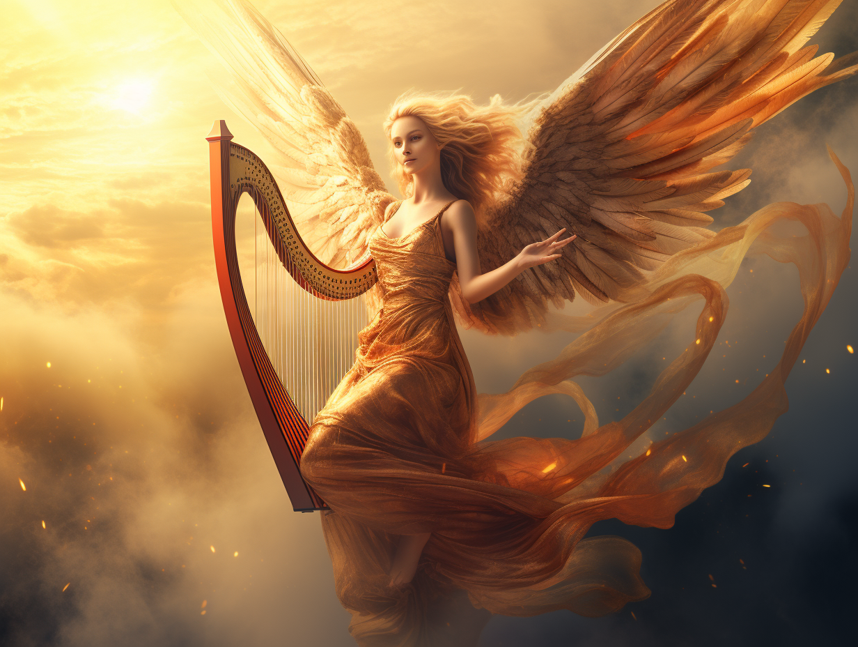 Flying Angel Playing Harp Art