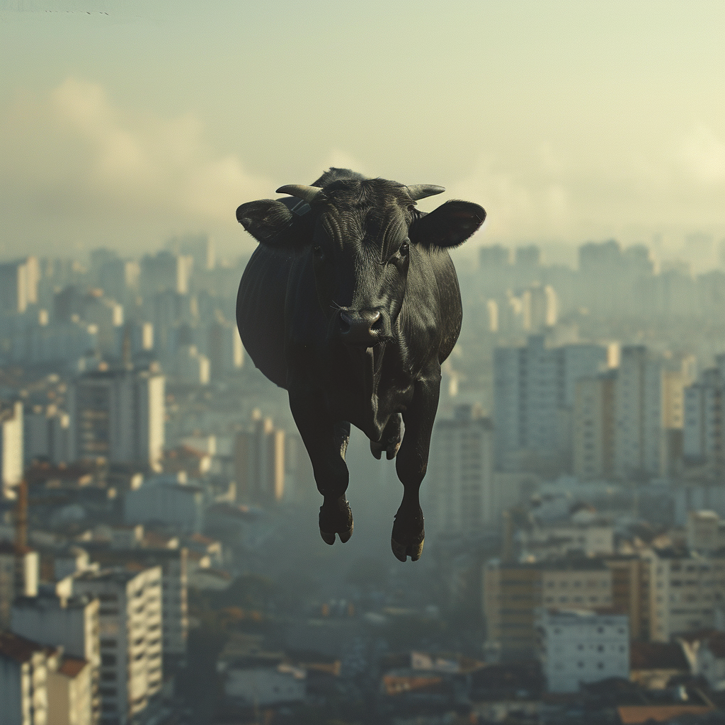 Flying black cow in Brazil's city skyline