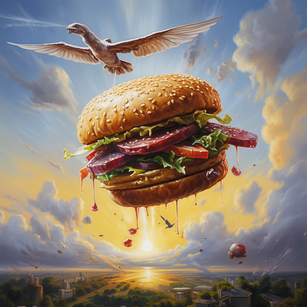 Delicious flying burger in incredible realism.