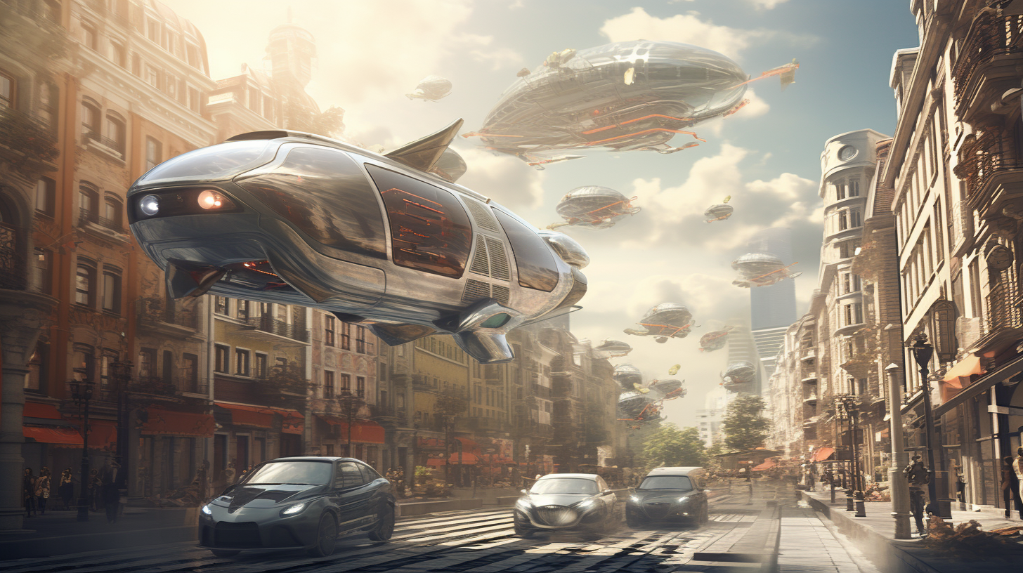 Flying car in cityscape