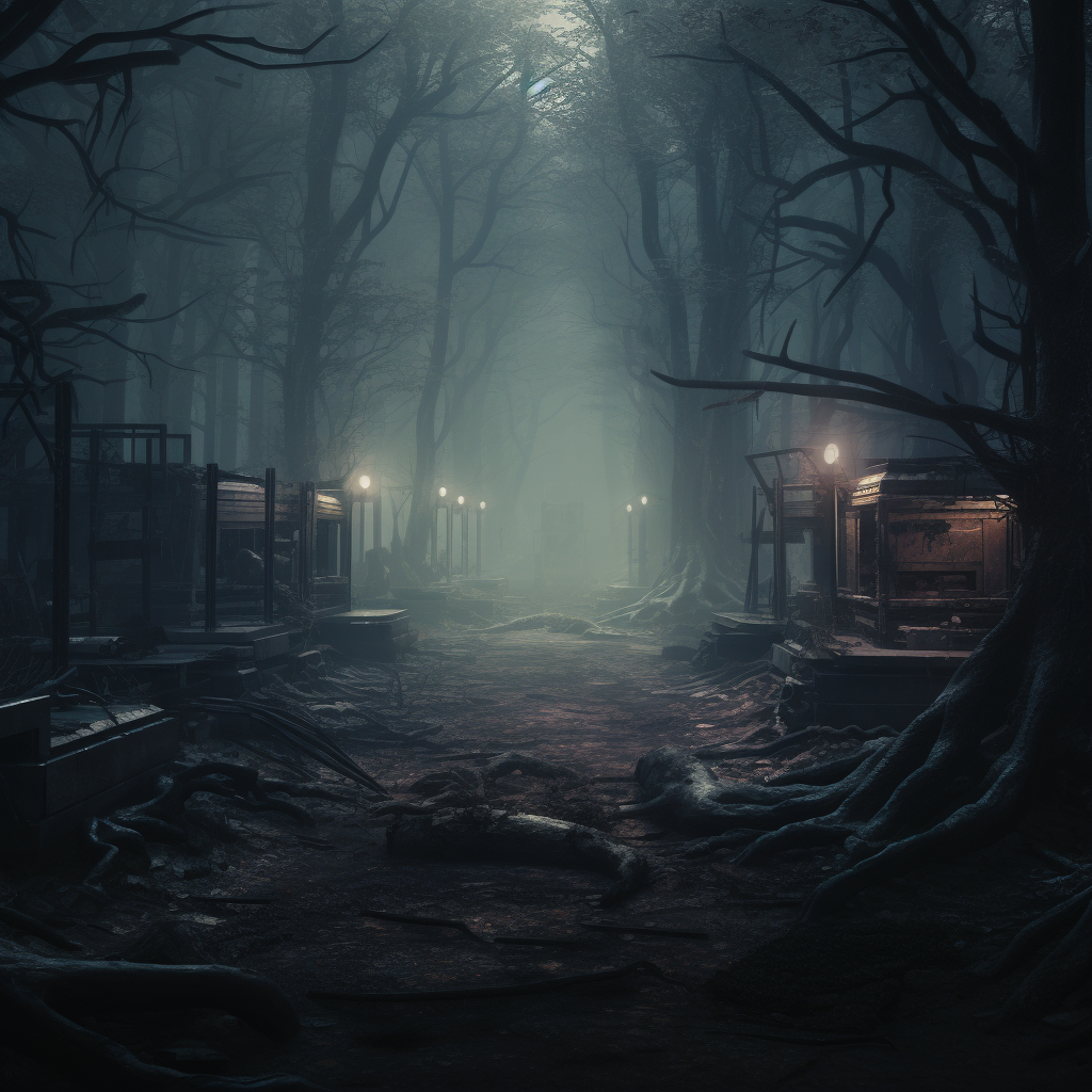 Dark laboratory in foggy dead forest with zombies