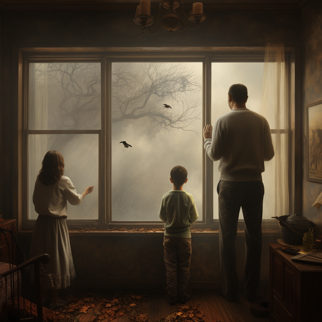 Parents gazing through foggy window, kids playing outside.