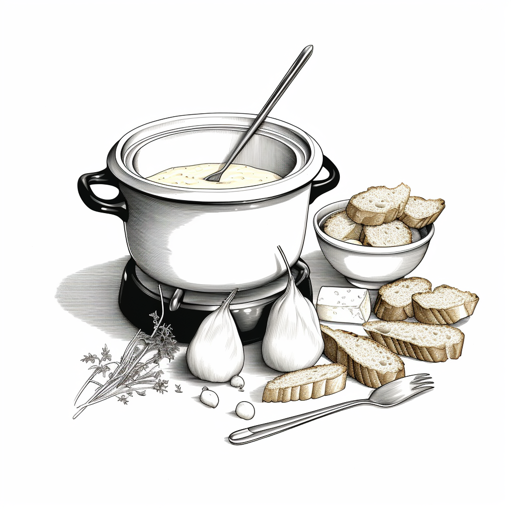 Fondue with Cheese and Bread Drawing