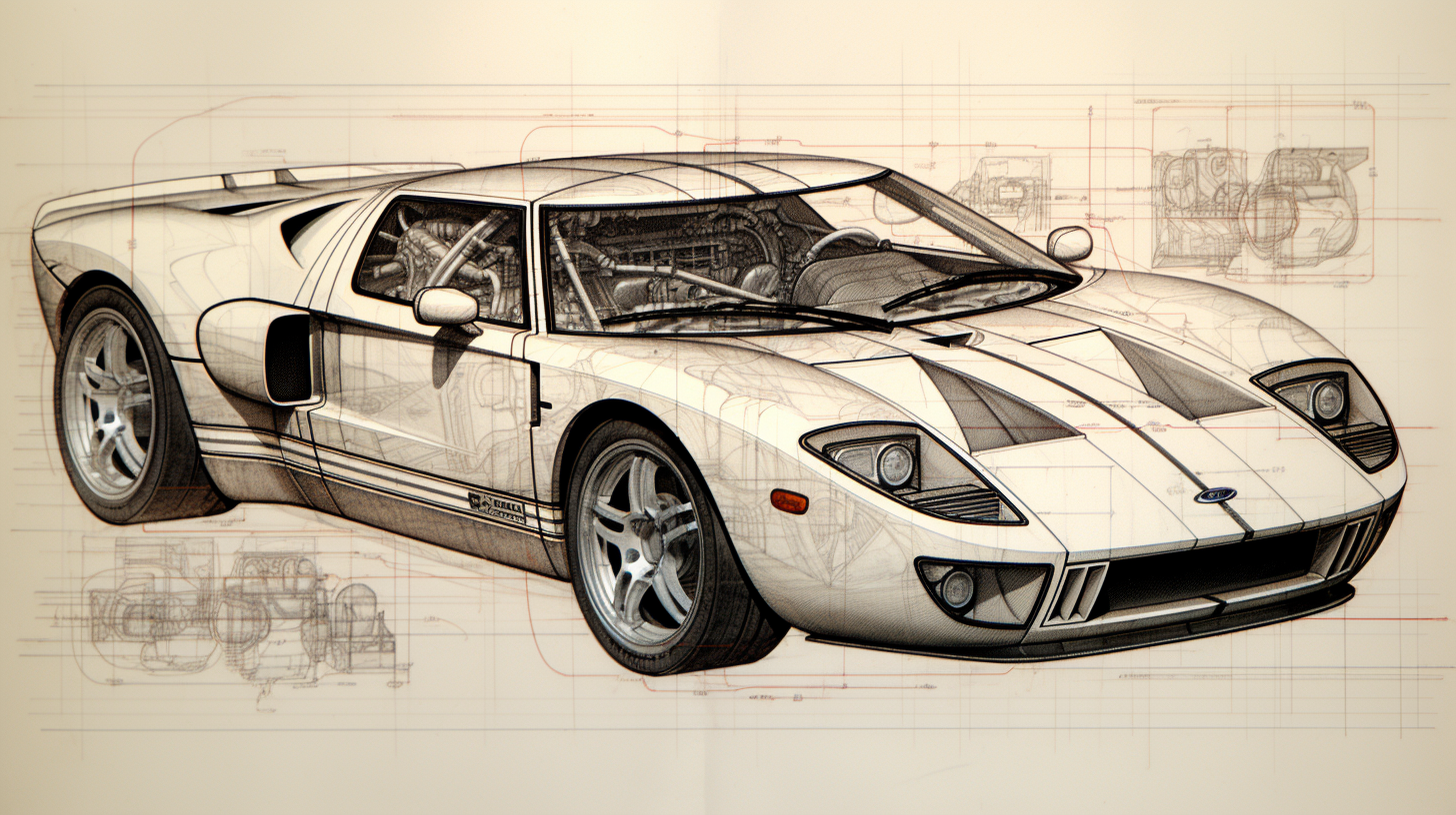 Pencil Sketch of Ford GT Technical Sheet