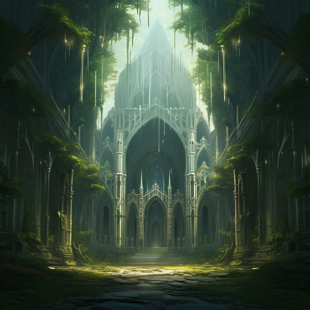 Enchanting forest cathedral surrounded by towering trees