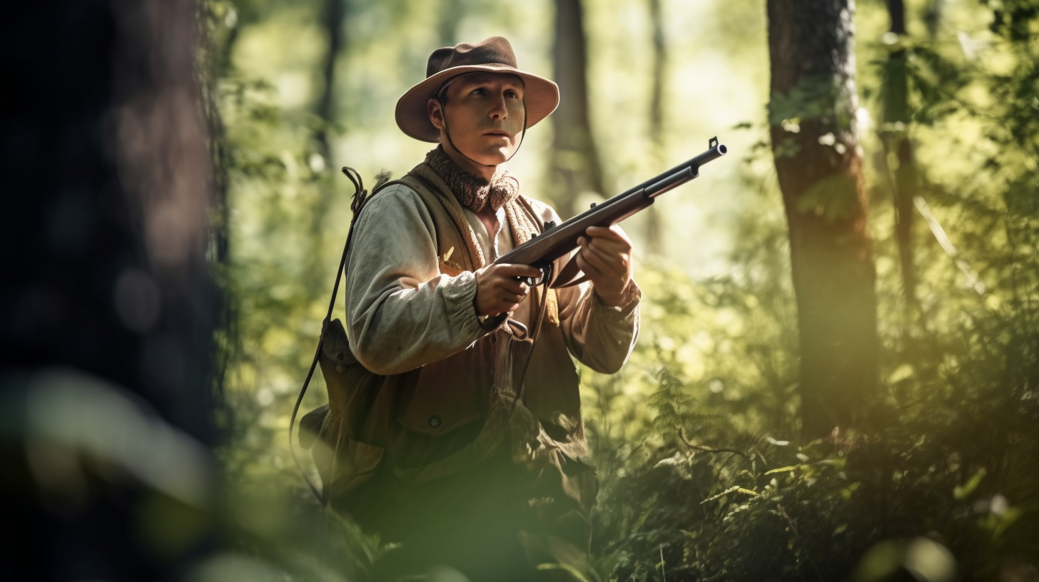 Hunter aiming rifle in forest