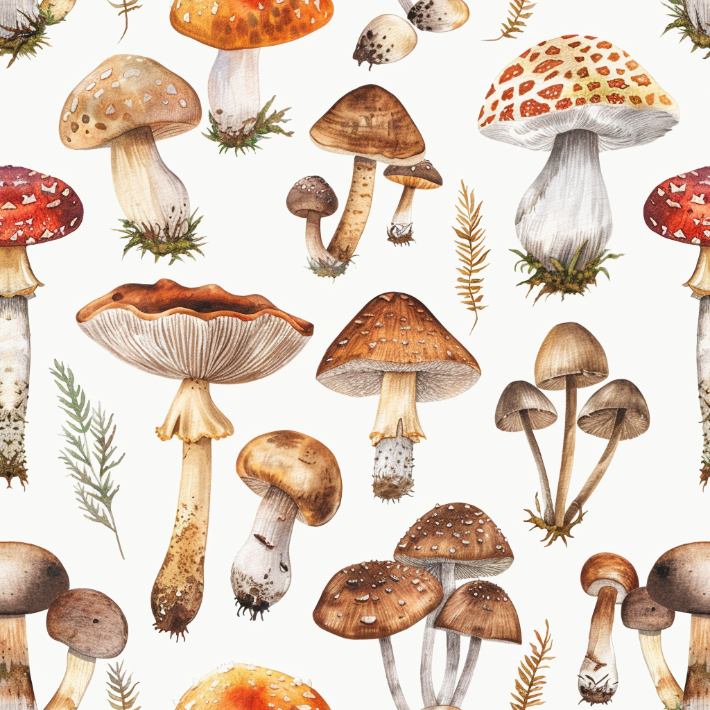 forest mushrooms watercolor pattern