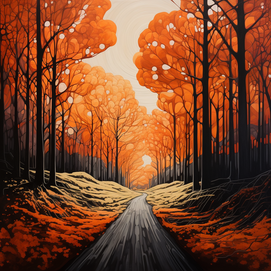 Autumn forest road with orange and black trees