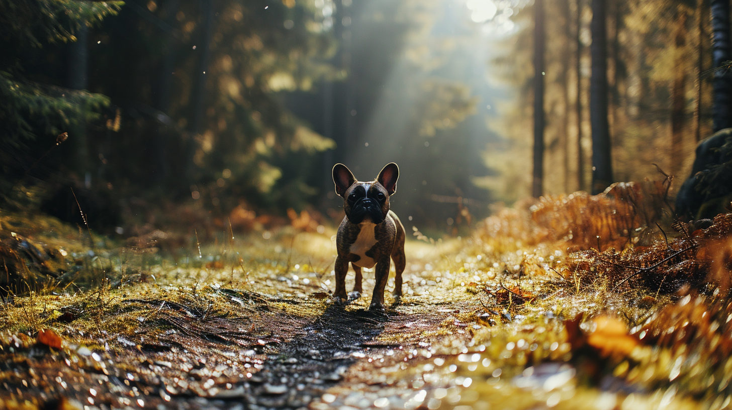 French Bulldog enjoying a walk in the forest