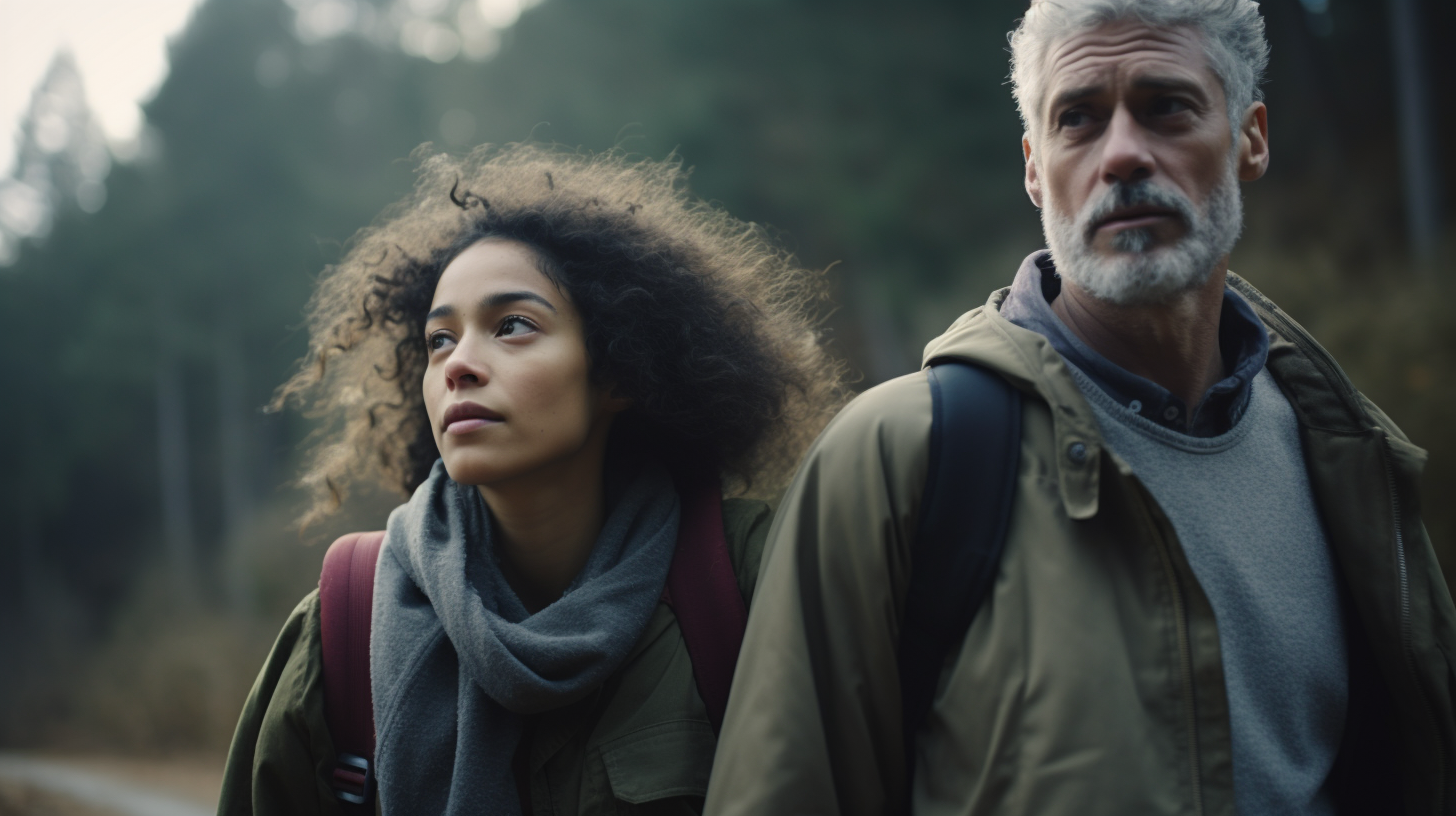 Biracial woman and older man walking through forest