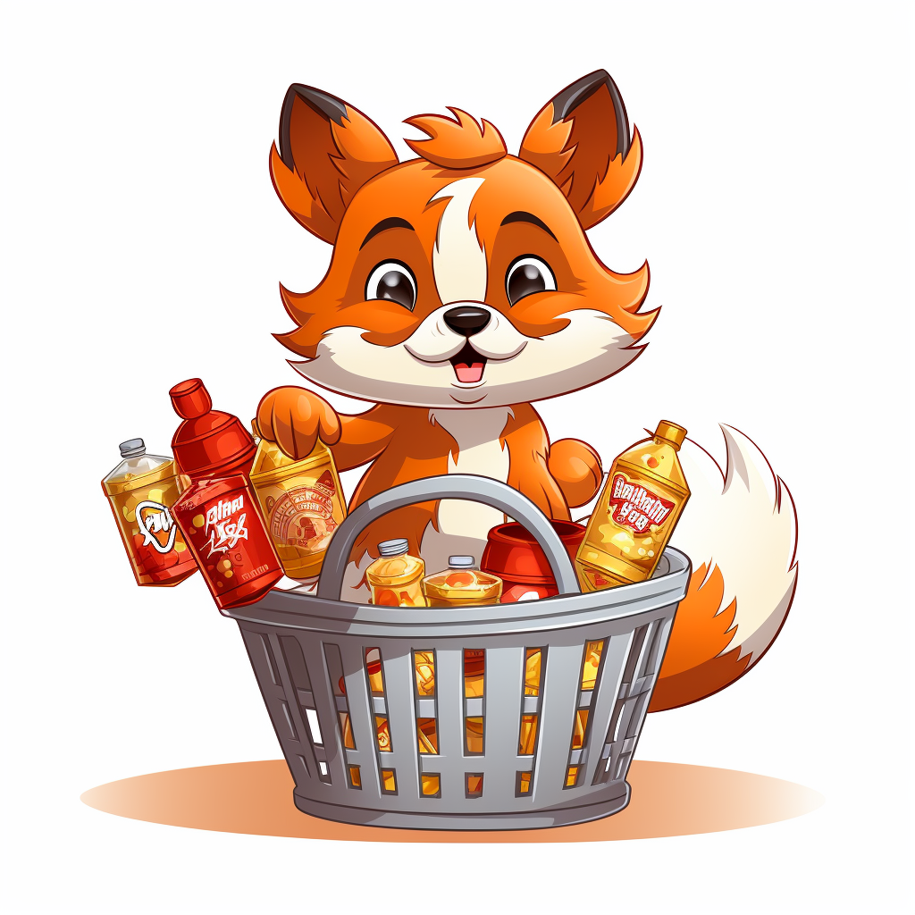 Cartoon fox with basket of cans