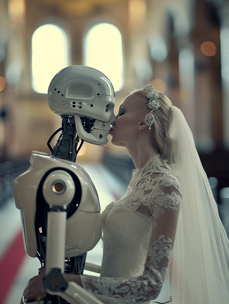 French kiss T-800 robot hugging blonde woman