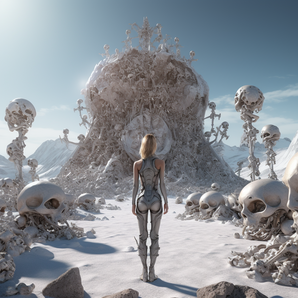 Freyja standing on icy mountain surrounded by skulls