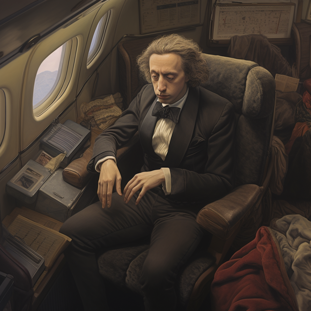 Friderick Chopin in airplane, realistic