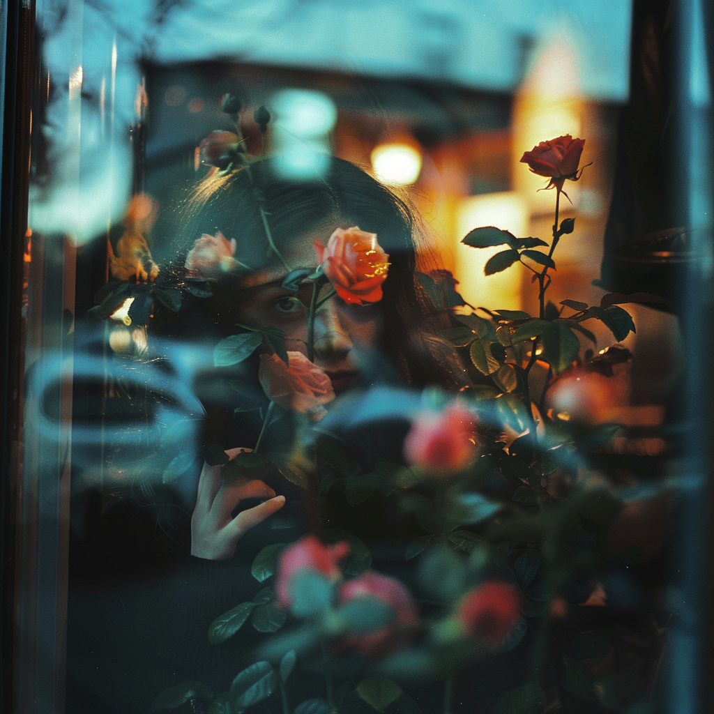 Woman Playing with Roses at Night