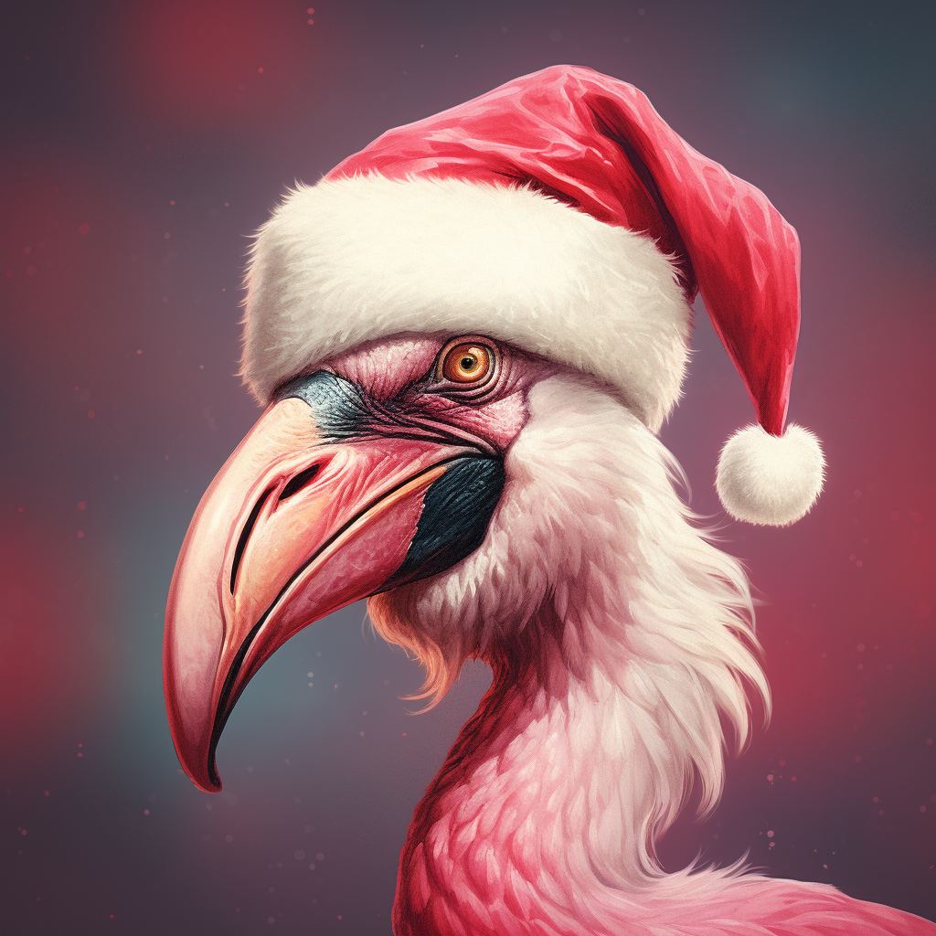 Flamingo head dressed as Santa