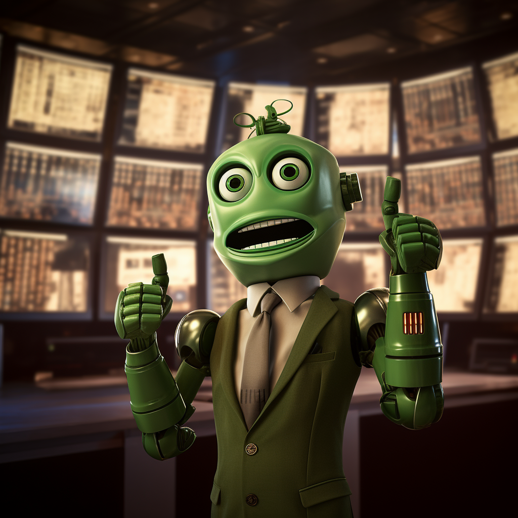 Friendly green robot trading stocks