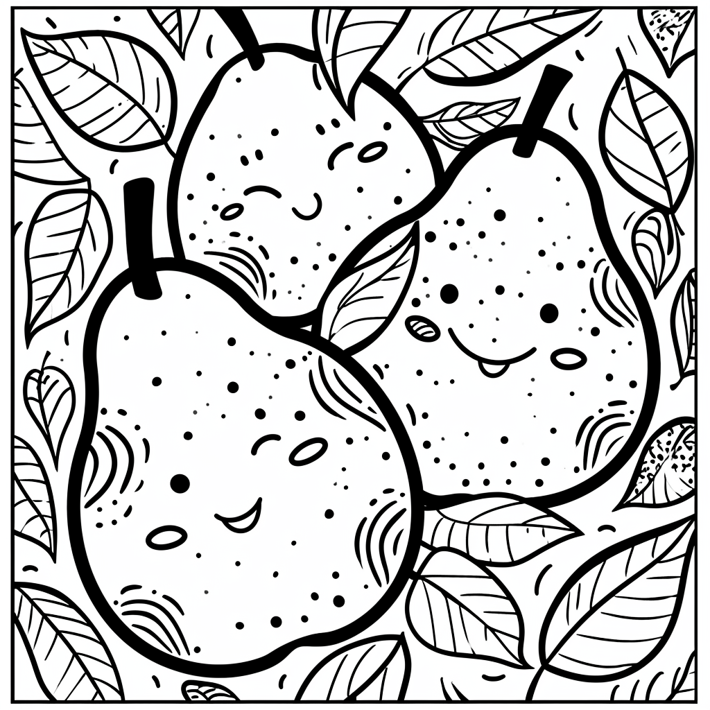 Minimalistic black and white coloring picture of friendly pears