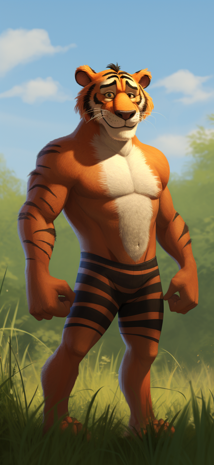 Friendly tiger in rashguard and board shorts