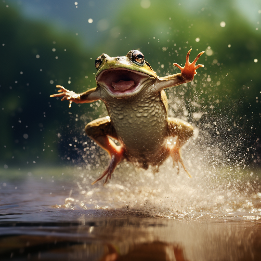 Frog jumping out water