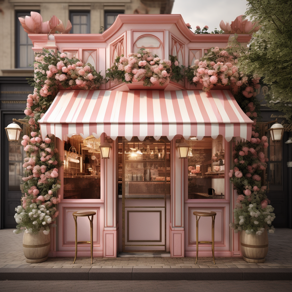 Charming cafe bar with pink hues and greenery