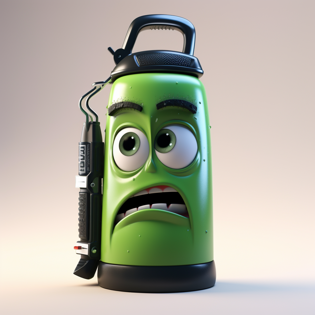 Frowning male head with green Stanley thermos and chainsaw