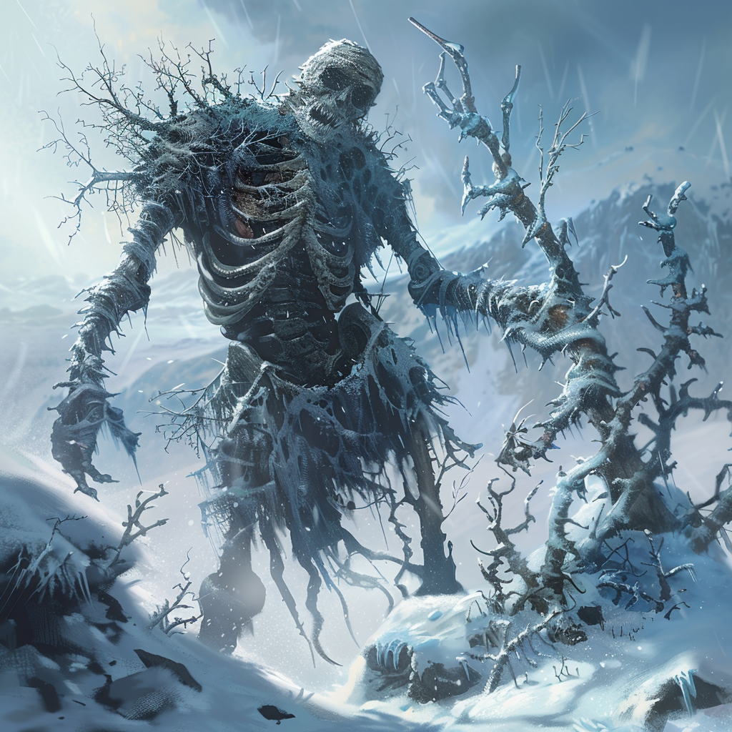 Frozen undead creature in wintry landscape