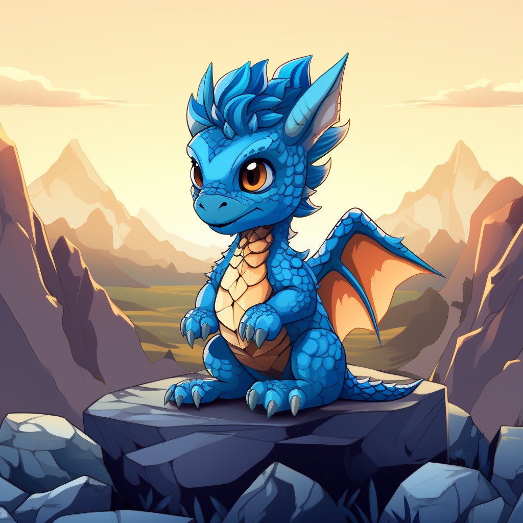 Funky blue dragon watching sunrise on mountain