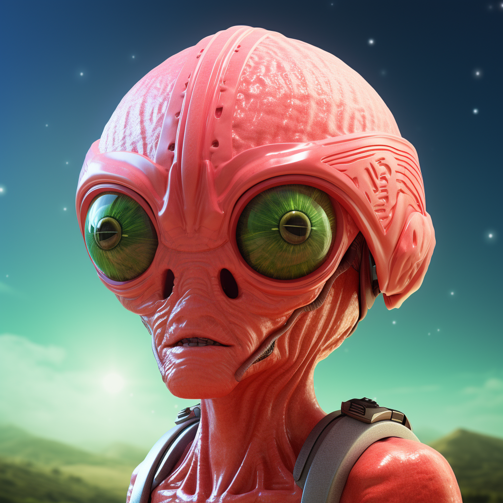 Funny alien wearing watermelon helmet