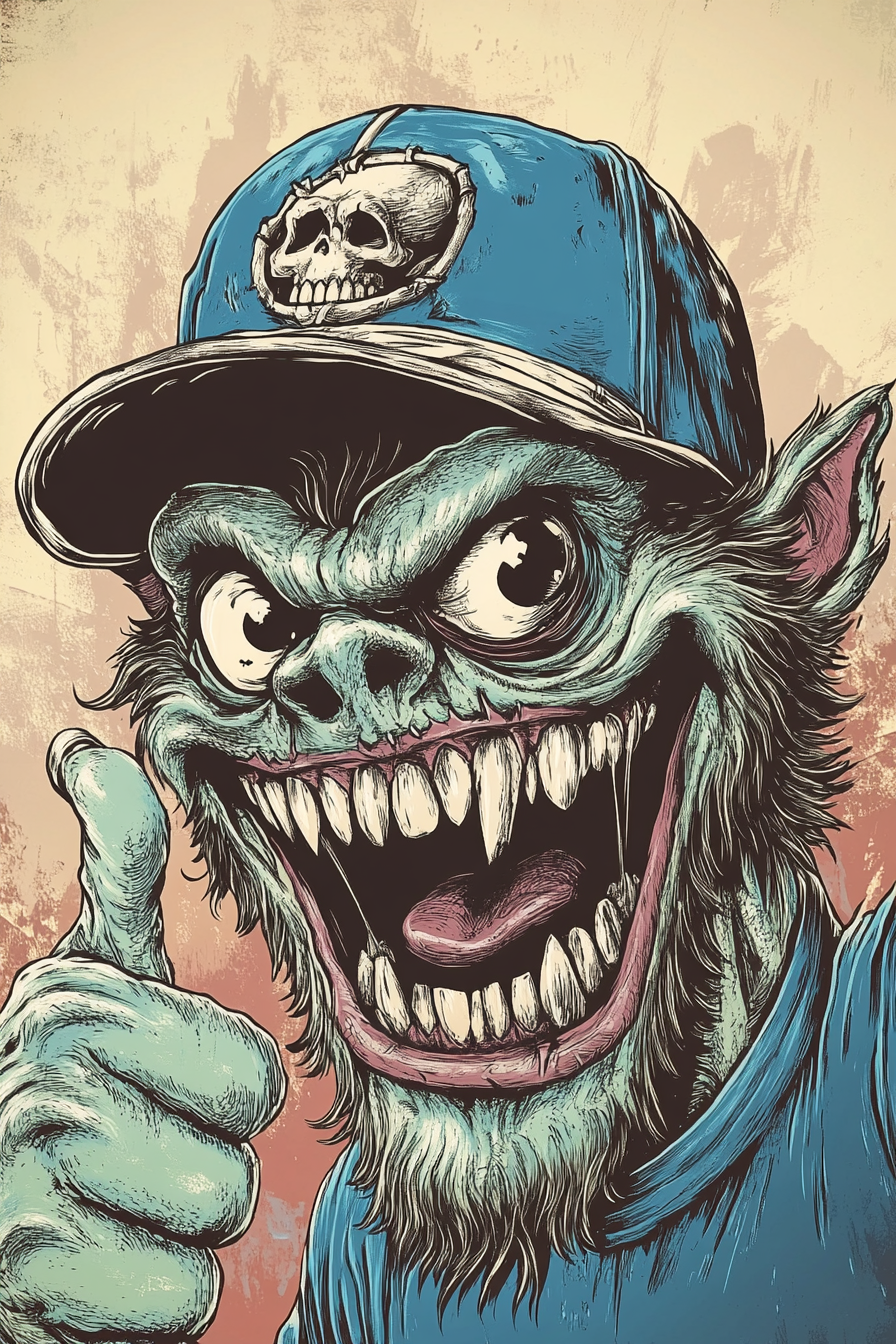 Funny monster in blue trucker hat