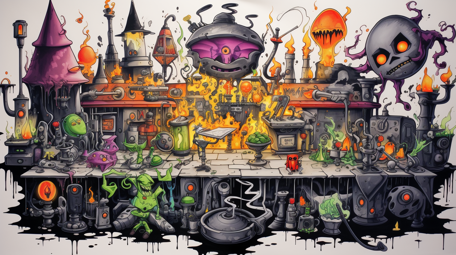 Cartoonish marker drawing of funny odd tekno alchemic lab