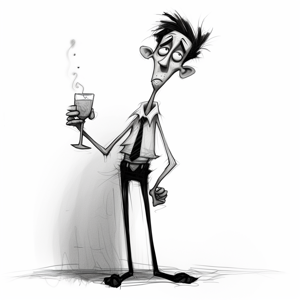 Humorous Cartoon of a Drunk Skinny Man