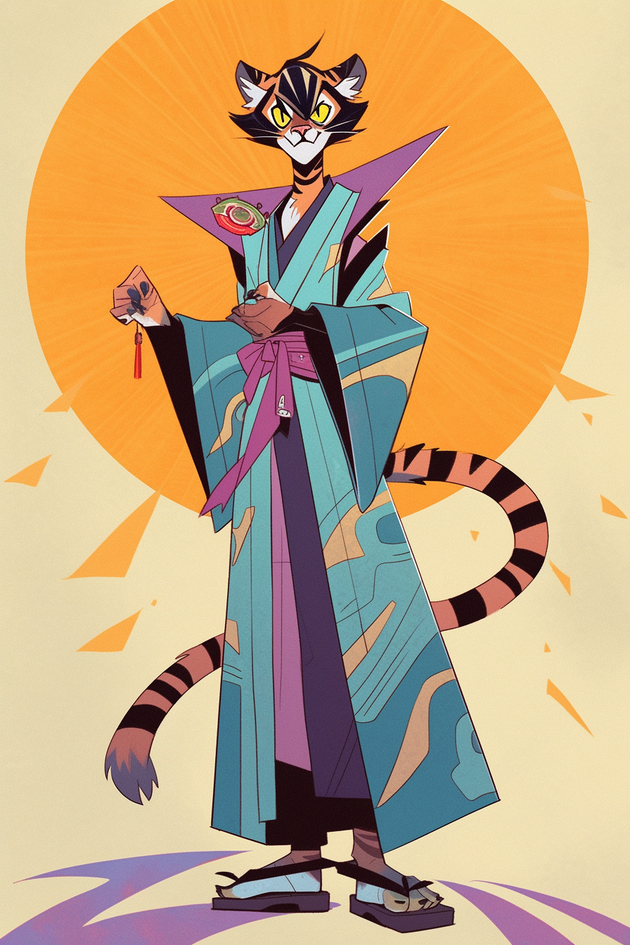 Furry tiger superhero wearing ninja outfit in Art Deco style