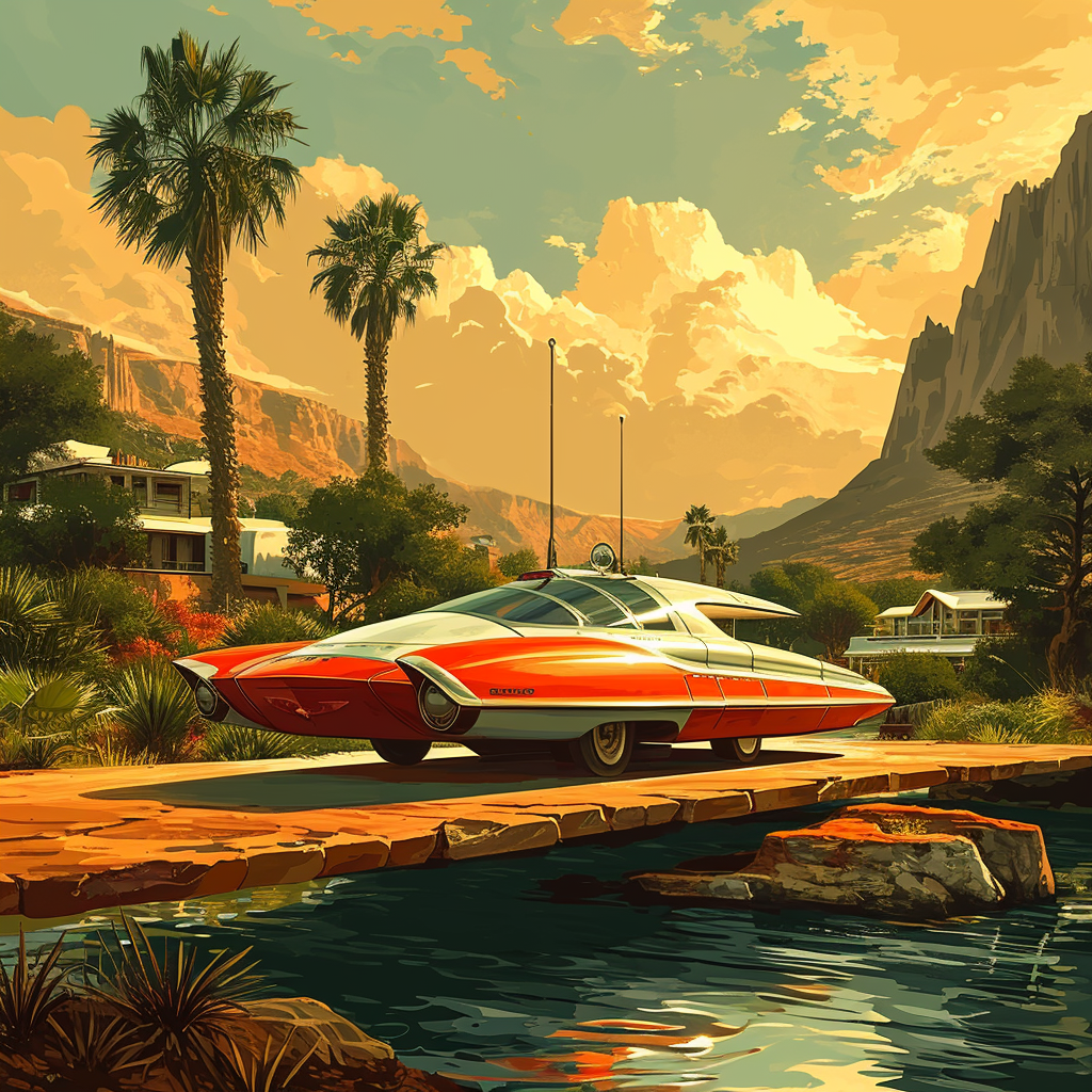 Illustration of retro hover cars in future suburban world