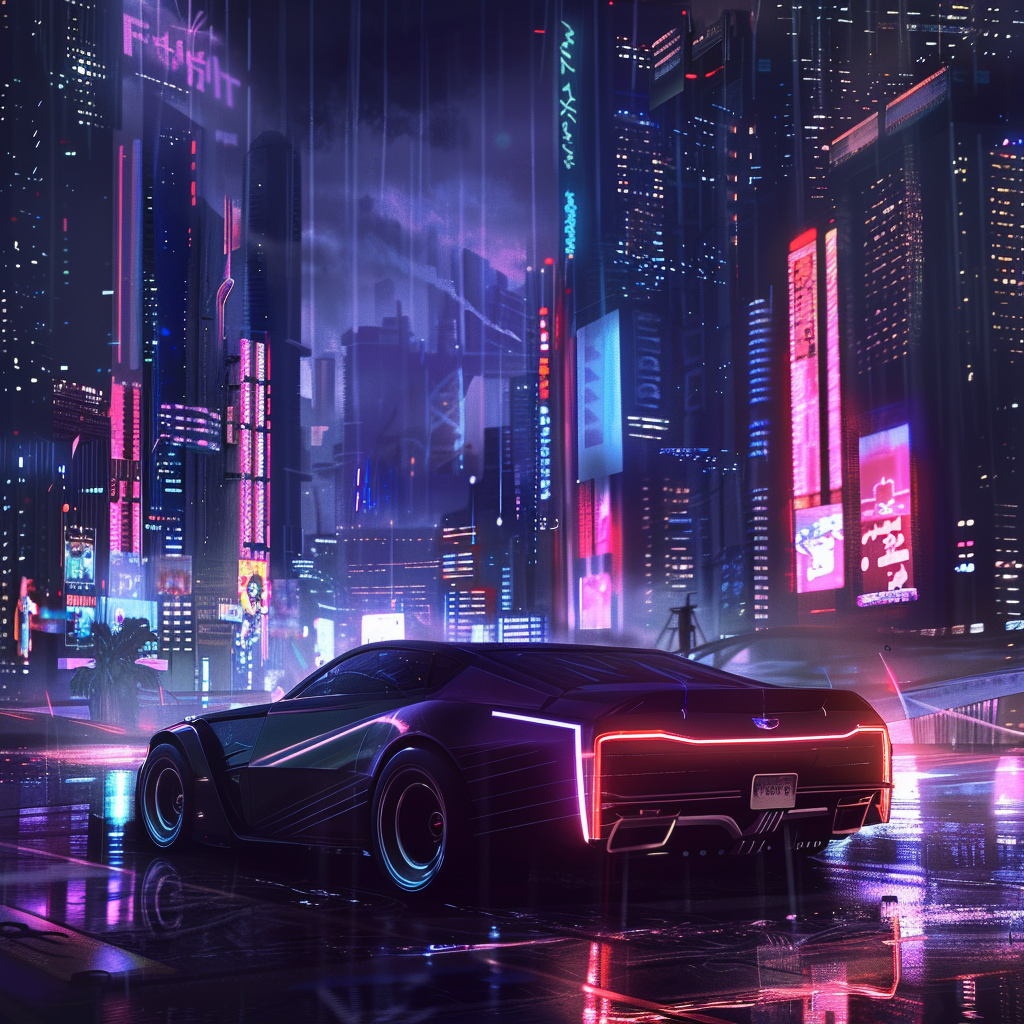 Futuristic Cadillac Cruising Neon Cityscape