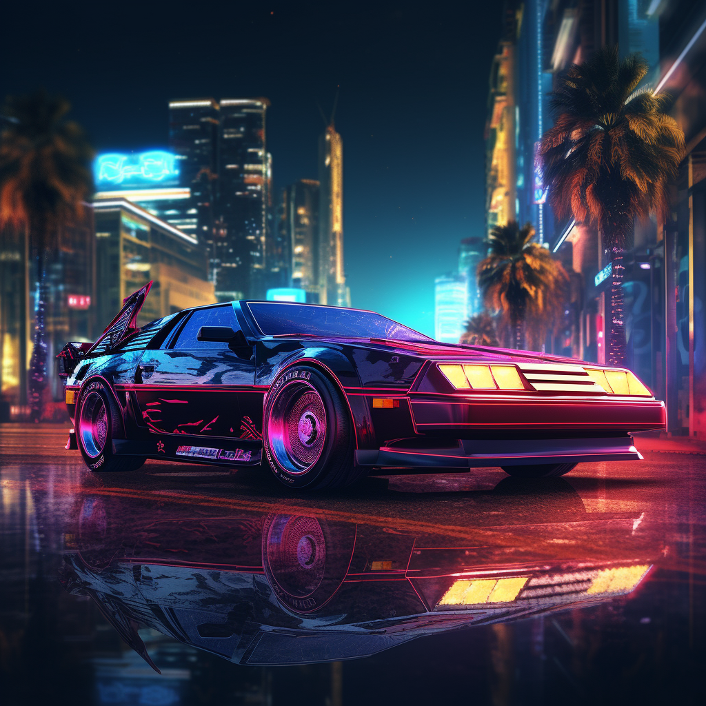 80s car parked in futuristic city