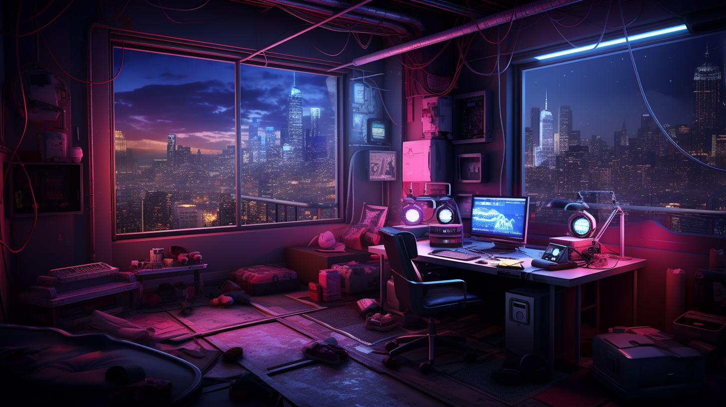 Futuristic cyberpunk loft with neon lights