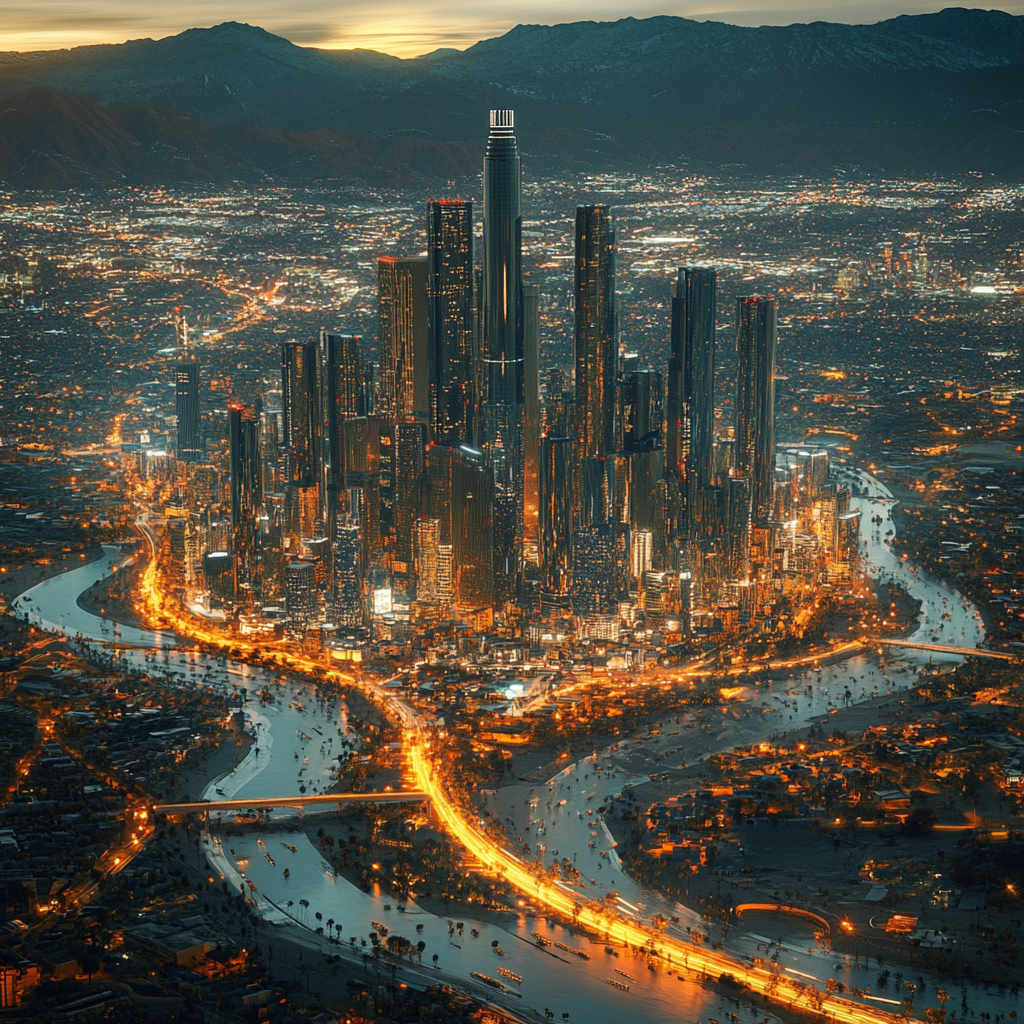 futuristic Los Angeles city lights view