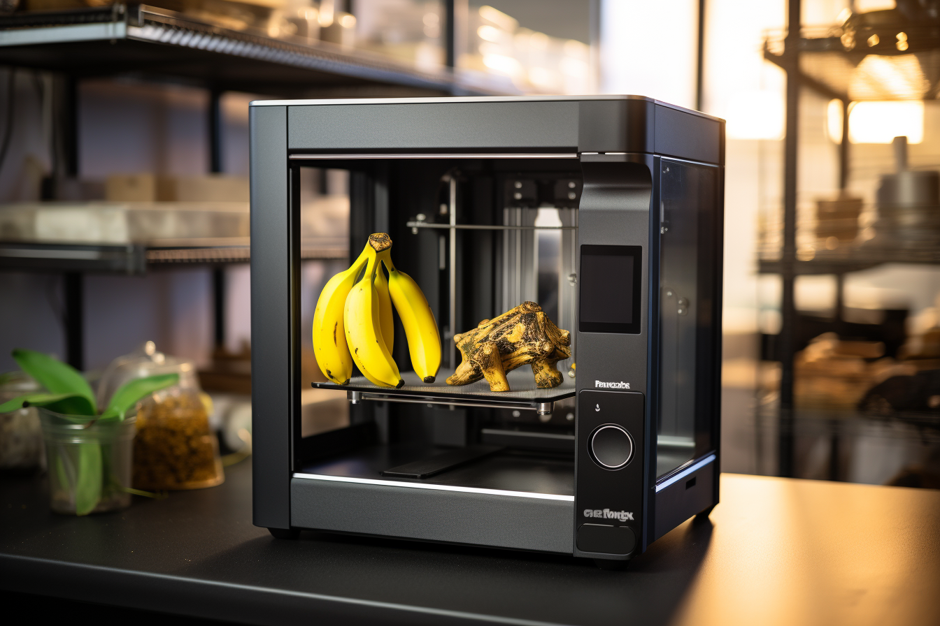 Hyperrealistic metallic 3D printer printing banana