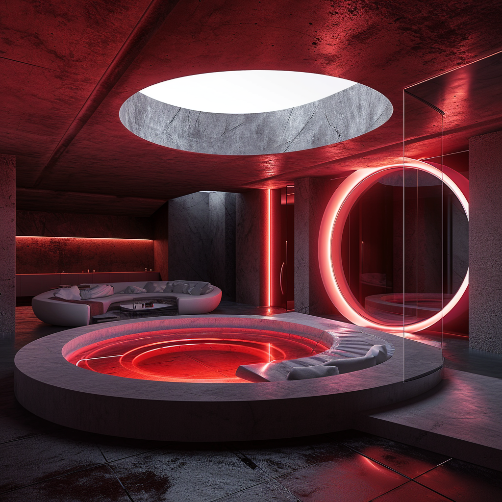 Neon red luxury spa room with circular pool