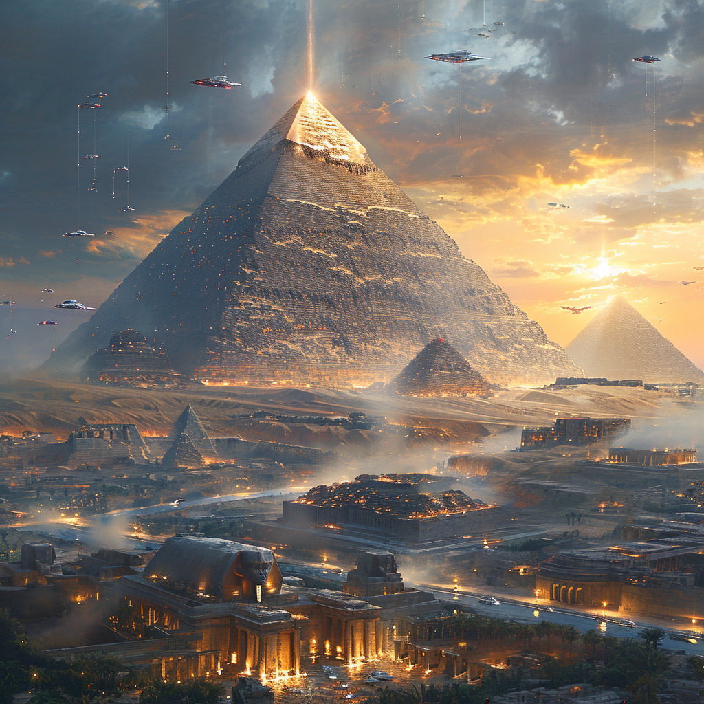 Futuristic view of pyramids with flying cars and holograms