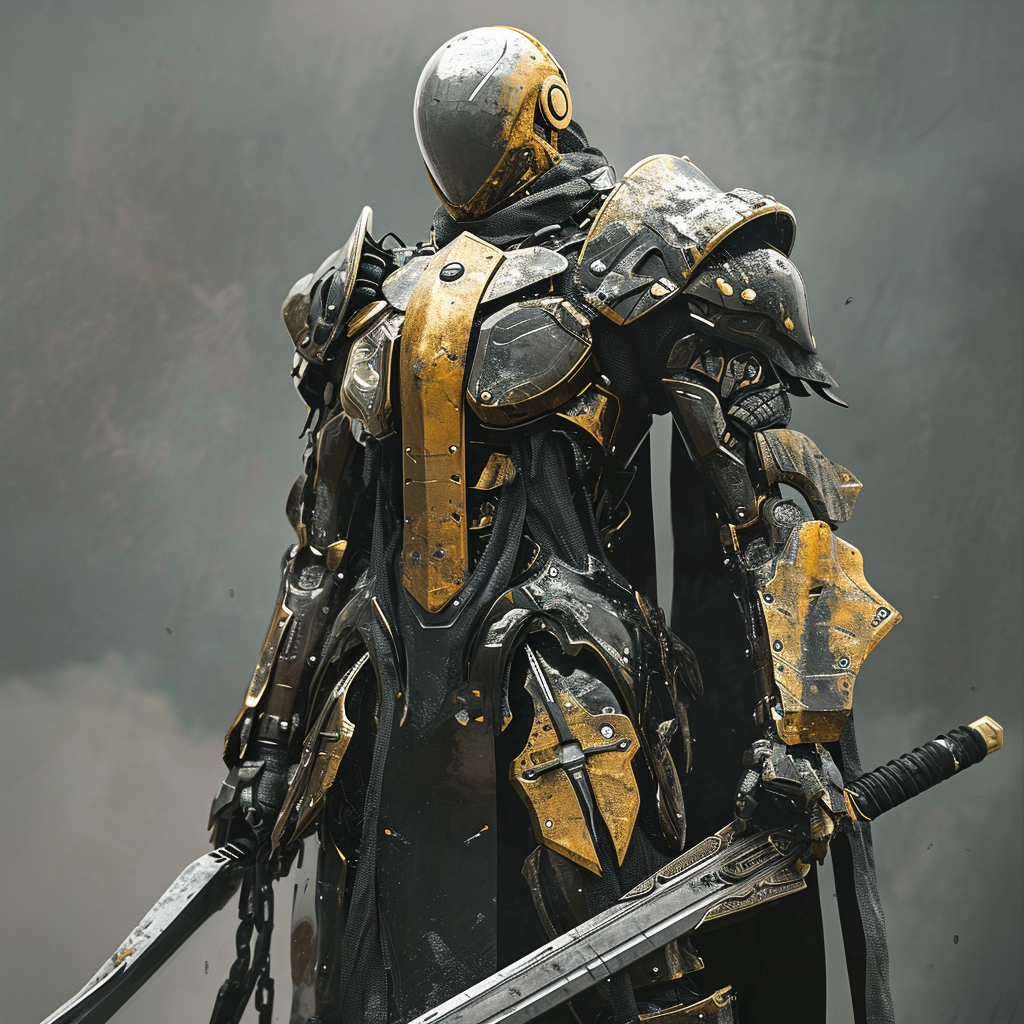 Futuristic warrior in heavy armor with gold skin