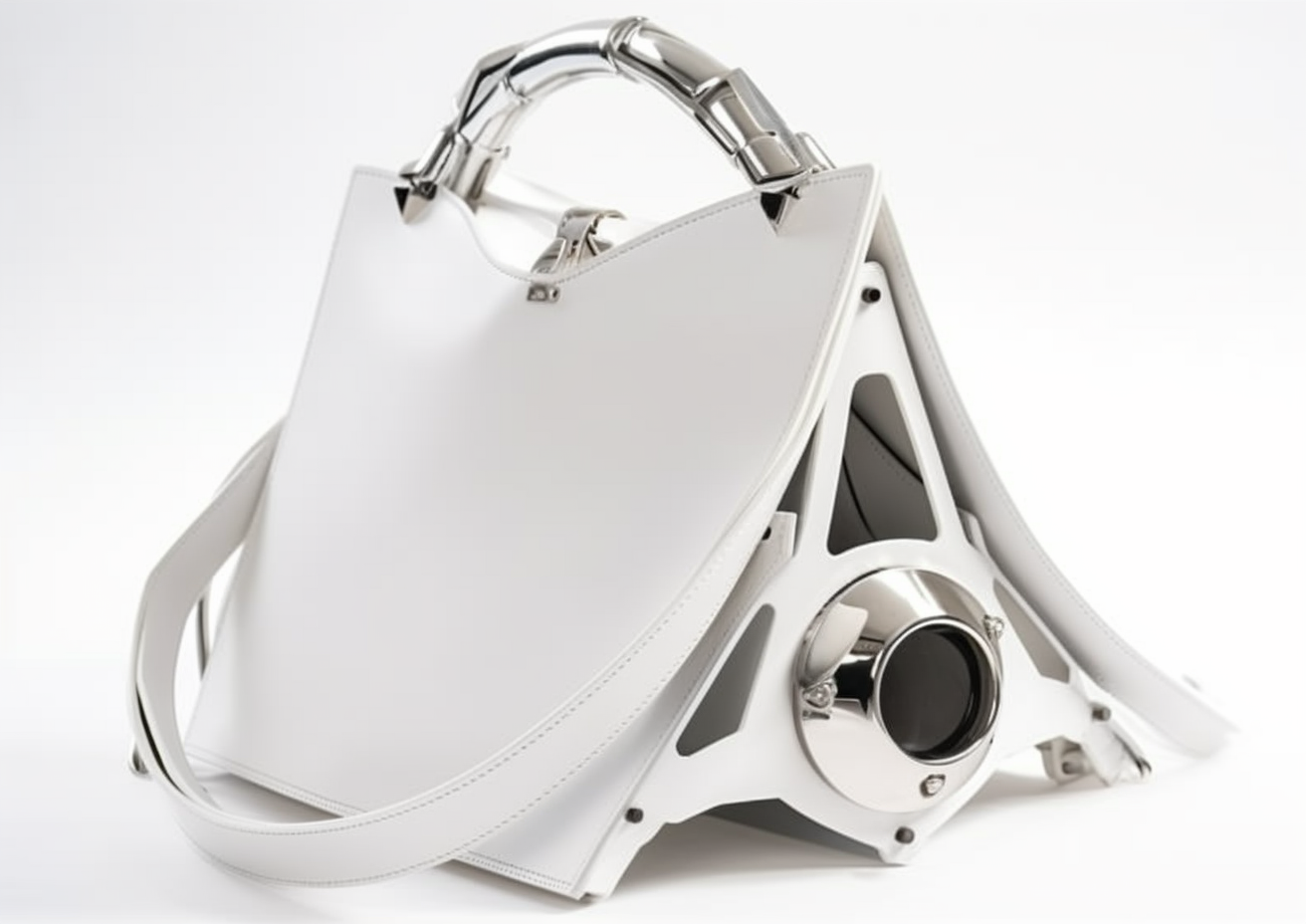 Elegant futuristic white metal bag with detachable strap